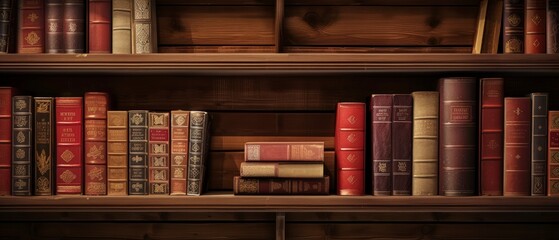 closeup of books neatly arranged on a shelf, warm and inviting wooden background.
