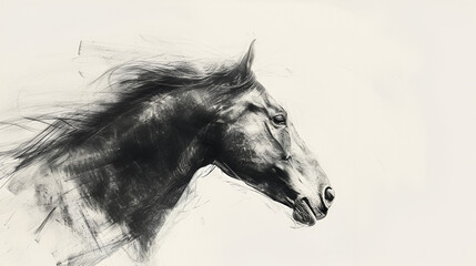 sketch side portrait of a horse profile on a white background, copy space, generative ai