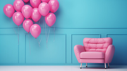 a pink chair near pink balloons hanging above blue walls