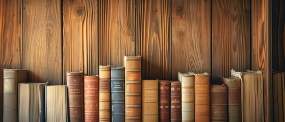 closeup of books neatly arranged on a shelf, warm and inviting wooden background.