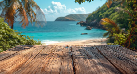 An empty wooden table placed on the background of a beautifully blurred tropical beach. generative AI