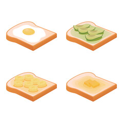 Bread with sunny side up egg, avocado, banana slices, butter vector illustration. White sliced ​​bread. Delicious breakfast toast. Bakery elements.