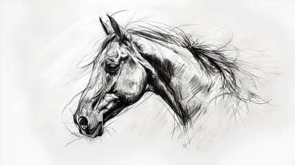 sketch side portrait of a horse profile on a white background, copy space, generative ai
