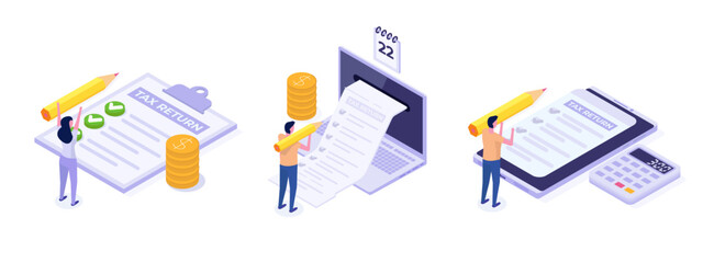 Tax return concept Isometric vector illustration.