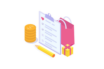 Isometric Online shopping wishlist, add to personalized collection concept. Vector illustration.
