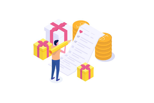 Isometric Online shopping wishlist, add to personalized collection concept. Vector illustration.