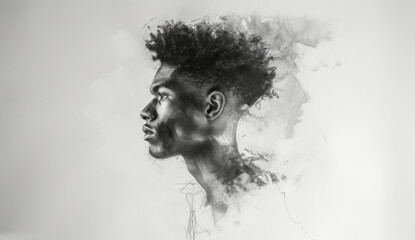 Portrait, sketch and drawing of a black man for artist inspiration, creativity and background. Detailed, pencil illustration and drawing of a male on white canvas for education, lesson and hobby - obrazy, fototapety, plakaty