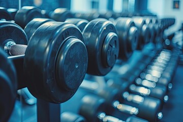Gym interior background of dumbbells on rack in fitness and workout room