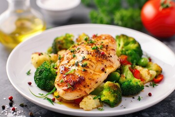 Roasted chicken breast with broccoli.