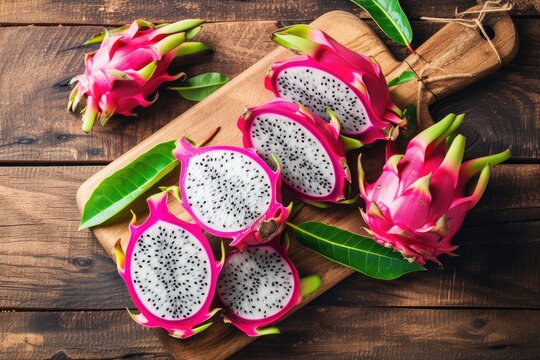 Sliced dragon fruit with cutting board on wooden table.