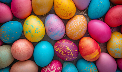 Easter background with hand painted eggs. Easter eggs close up. Postcard for congratulations on Easter.