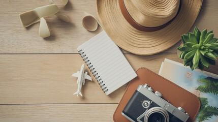 Flat lay traveler accessories with palm leaf on white background. Top view rattan straw bag, vintage camera, sunglasses ..  With copy space. generative Ai