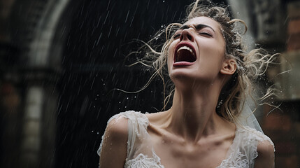 Rain on your Wedding Day is Good Luck.
The Bride is Unhappy - obrazy, fototapety, plakaty