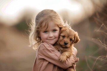 fantastic, whimsical, interesting connection between humans and animals becoming friends. pretty, sweet, adorable little girl holding a puppy. generative AI