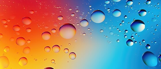 An enchanting scene featuring water droplets, bubbles, and liquid set against a vibrant gradient background of blue, orange, yellow, and red, Ai Generated.