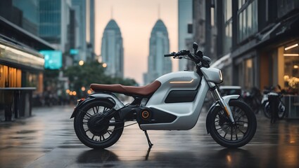Modern electric scooter parked in the city street at night time.