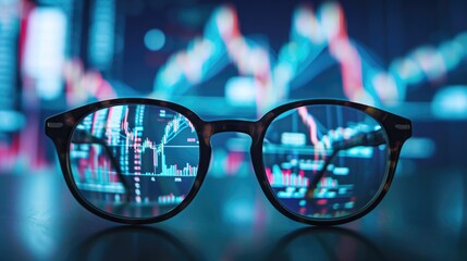 Stock market analysis concept with glasses before market charts, Ai Generated