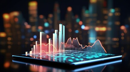 3D tablet displaying virtual growth arrow on a digital financial graph, Ai Generated