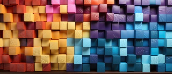 Captivating abstract texture featuring 3D wooden square cubes in a rainbow of colors, ideal for adding a lively and modern touch to your design, Ai Generated.