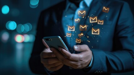 A businessman's hand using a smartphone for email, with notification alerts in view, Ai Generated