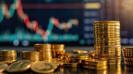Gold bars and a stack of coins alongside a trading chart, illustrating financial concepts, Ai Generated