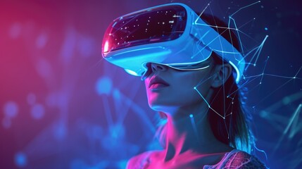 A young woman stepping into the immersive virtual reality of the metaverse, a futuristic concept, Ai Generated