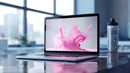 A laptop with splashes mockup, a dynamic representation of a computer in an office setting, Ai Generated
