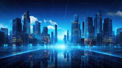 A metaverse smart technology city with digital futuristic data skyscrapers against a technological blue background, Ai Generated