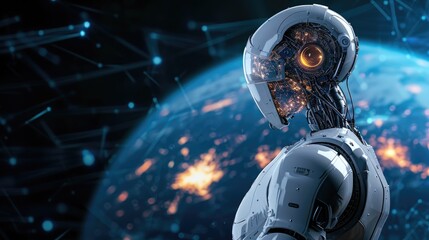 Fototapeta premium A robot AI, powered by artificial intelligence, in harmony with the Earth, symbolizing technology for the planet, Ai Generated