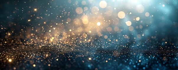 glitter blue background with bokeh and gold sparkles, in the style of interstellar nebulae, light black and dark beige, light gold and dark emerald, light sky-blue and dark indigo, whimsical and fanta - obrazy, fototapety, plakaty