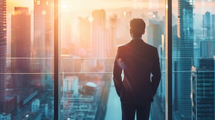 Fototapeta premium A rear view of a businessman in a modern office with a large window, gazing at a cityscape bathed in sunlight, Ai Generated