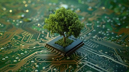 Green computing depicted as a tree sprouting at the convergence of a computer circuit board, Ai Generated