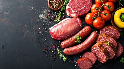 Assortment of fresh raw meat and sausages, elegantly presented on a black background, Ai Generated.