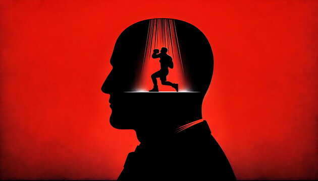 Create a conceptual art illustration of the silhouette of a businessman's head with a person boxing on top, red background