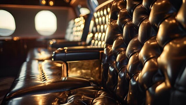 The perfectly coordinated stitching on these leather seats is just one of the many impeccable details that make this private jet a true standout in the world of luxury travel, with a backdrop