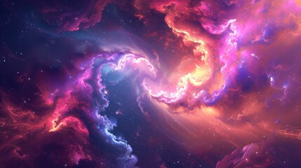 Abstract neon fractal wallpaper featuring space elements, AI Generated.