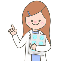 Cute pastel medical pharmacist holding medicine pills simple illustration 