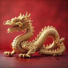 Obraz premium Majestic Golden Dragon Sculpture. An intricately detailed golden dragon is showcased against a deep red backdrop, symbolizing power and good fortune in Chinese culture