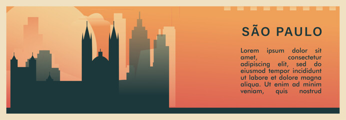 São Paulo city brutalism vector banner with skyline, cityscape. Brazil metropolitan retro horizontal illustration, travel layout for web presentation, header, footer