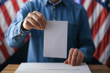 American Citizen Casting Vote. A person is shown placing a voting ballot in a box, with the American flag in the background, representing the democratic process in action