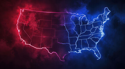 Neon Divided Map of the United States. A striking representation of the US map glows in neon red and blue, symbolizing a country divided along political lines - obrazy, fototapety, plakaty