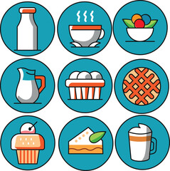 icon set of various kinds of dairy and wheat products as well as fruit such as pies and cakes with a flat blue and white design