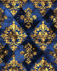 Royal Blue Background with Vintage Rococo-style Gold Pattern, Infusing Elegance and Sophistication into the Composition