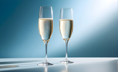 Fototapeta premium Two champagne glasses on a simple soft blue background, Valentine's Day, Christmas. Generative AI