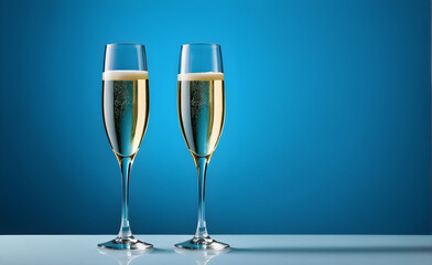 Fototapeta premium Two champagne glasses on a simple soft blue background, Valentine's Day, Christmas. Generative AI