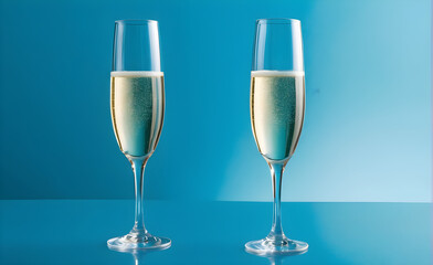 Two champagne glasses on a simple soft blue background, Valentine's Day, Christmas. Generative AI