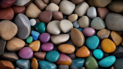 Knolling of various colorful stones. For: design, print, card (greeting card), banner, poster, flyer, advertising,  wallpaper, interior, menu. Flat lay. 