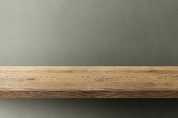 木目のあるナチュラルな木の棚(台)とグレーの凹凸のある壁の背景