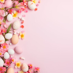 A delicate cluster of pastel pink eggs and blooming flowers, embodying the beauty and fragility of new life and growth