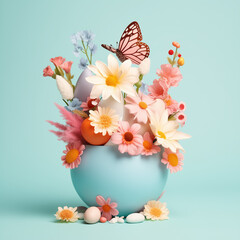 A delicate butterfly alights upon a vase of vibrant flowers, its iridescent wings mirroring the beauty of the blue egg nestled within